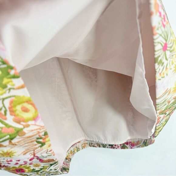 Clover and Sloane Pink Green Floral Print Jacquard Puff Sleeve Sheath Mini Dress - Picture 13 of 16